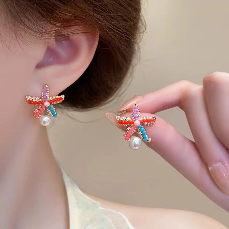 彩色海星耳环新款爆款小众高级感气质轻奢海边度假风耳饰蓝色女
