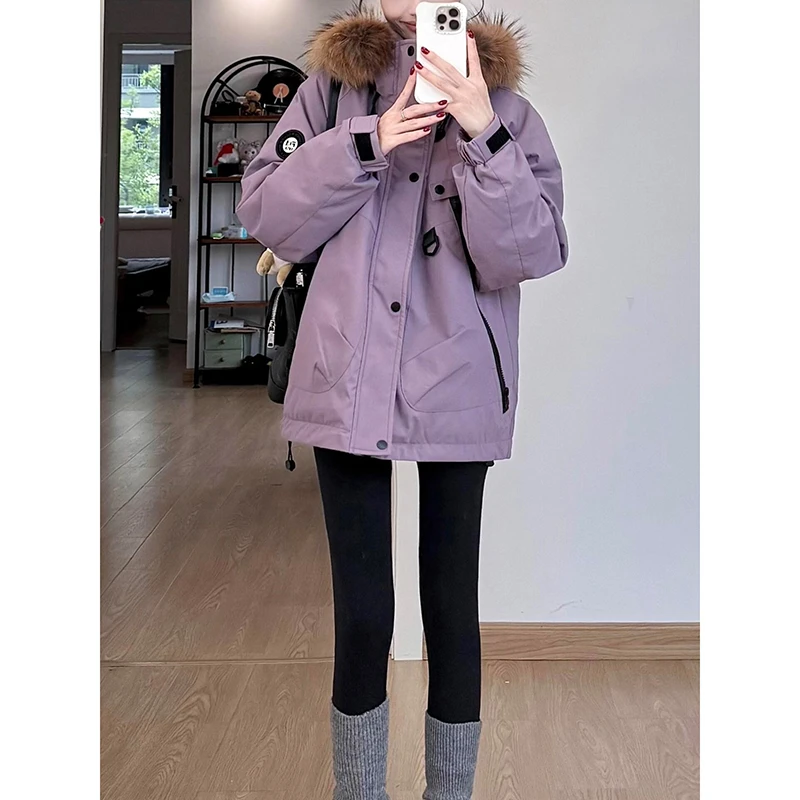 紫色工装大毛领连帽派克棉服女冬季2025新款宽松显瘦加厚保暖棉衣
