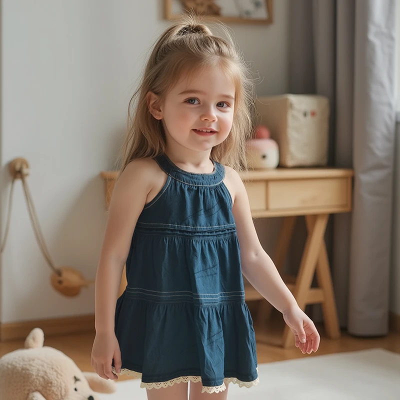 女孩时尚花苞牛仔洋气连衣裙2025夏季新款女童百搭可爱无袖牛仔裙