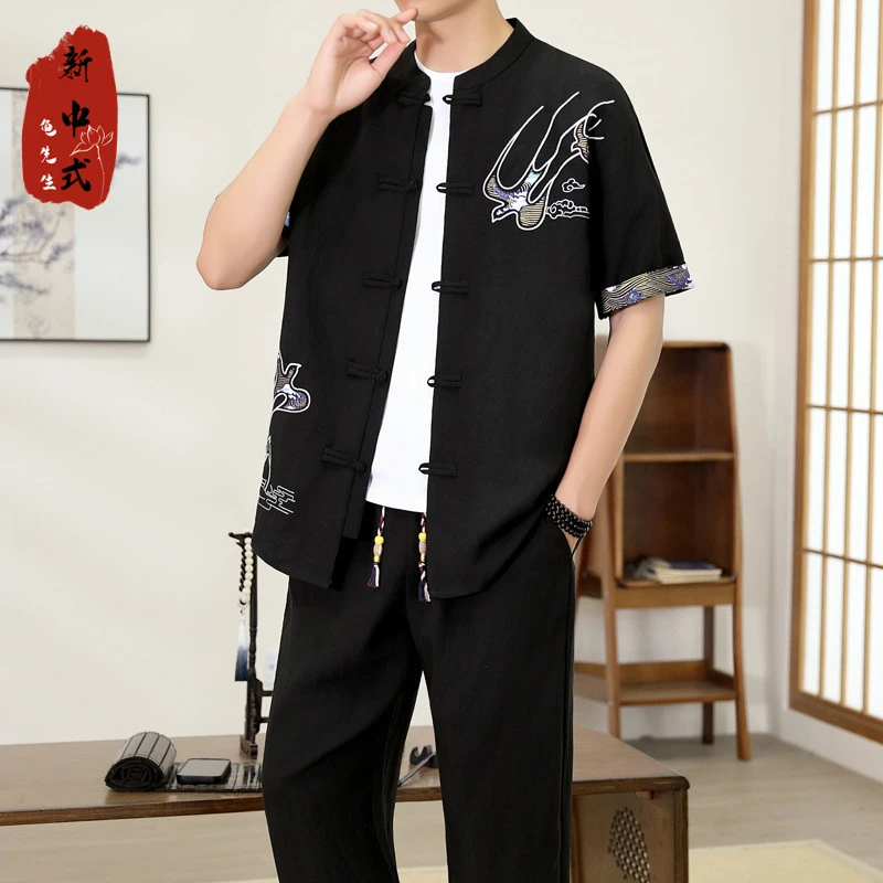新中式国风男装 2025夏季新品男士短袖唐装 开衫盘扣刺绣两件套装