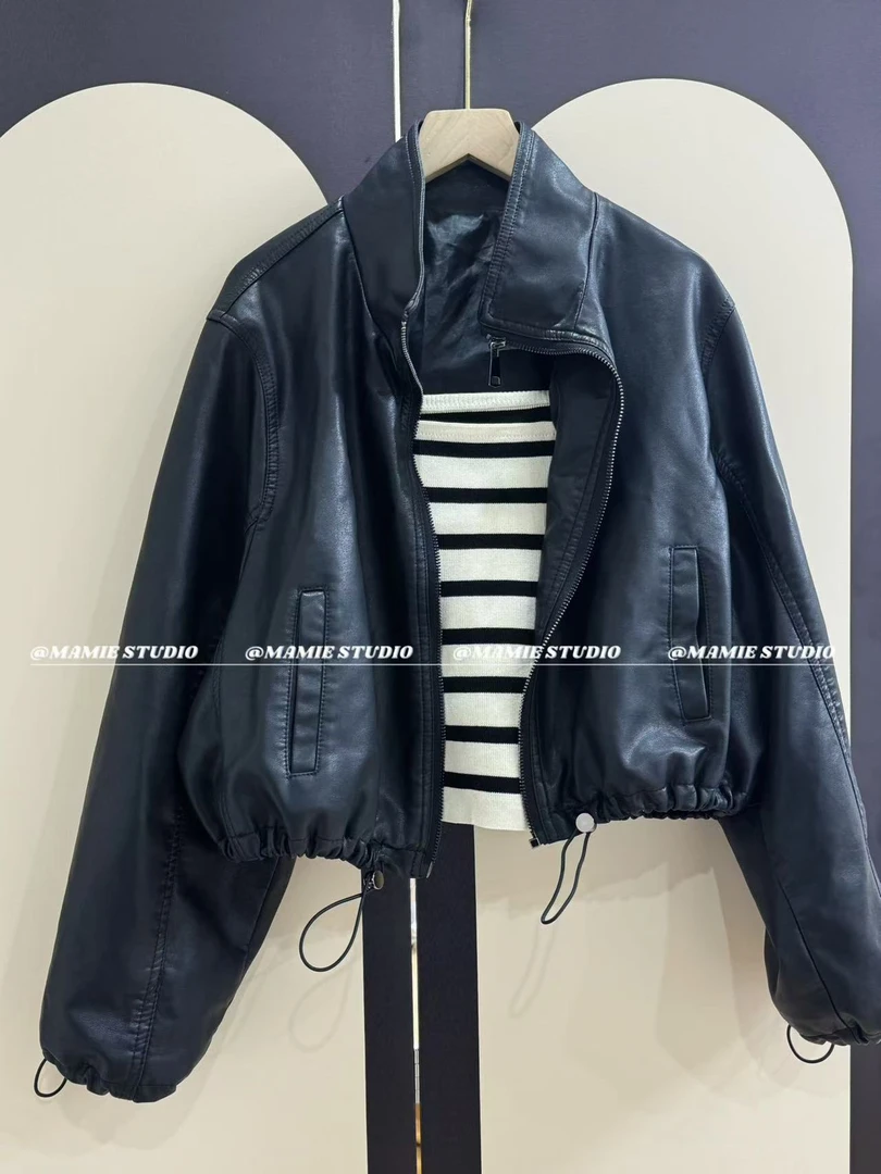 MAMIE【小皮衣】高级感灯笼袖植鞣百搭女早春新款立领下摆抽绳外套