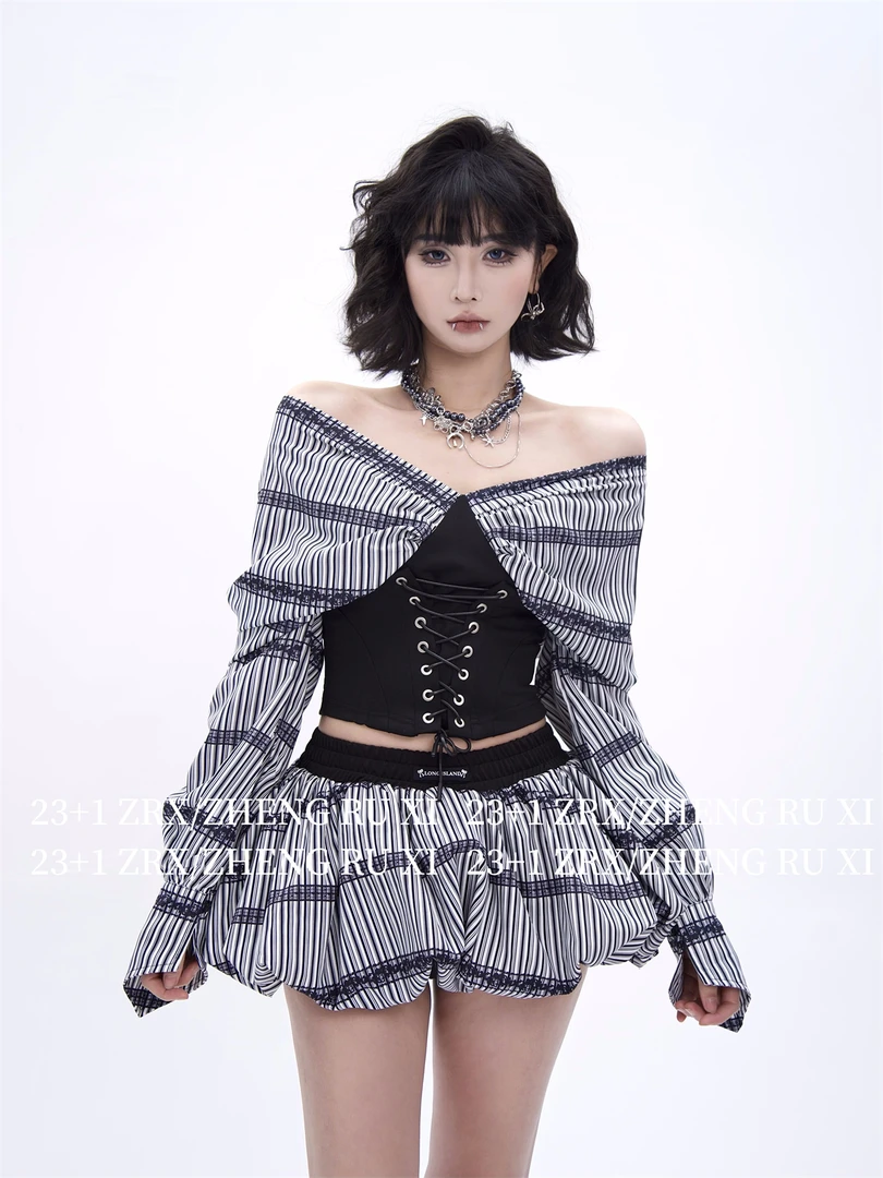 付新博女装辣妹时尚三件套装女深V两穿上衣+花苞短裙+打底裤13614