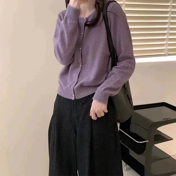 【紫色小金豆纽扣开衫】针织衫宽松显瘦休闲时尚百搭圆领开衫