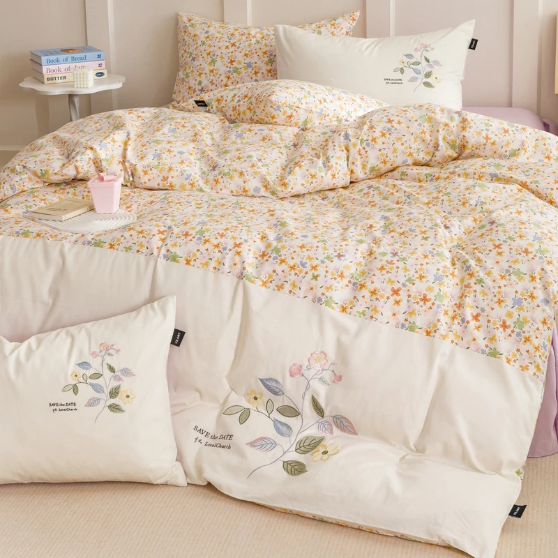 【赫莲】全棉小清新刺绣四件套可爱纯棉100%棉单人