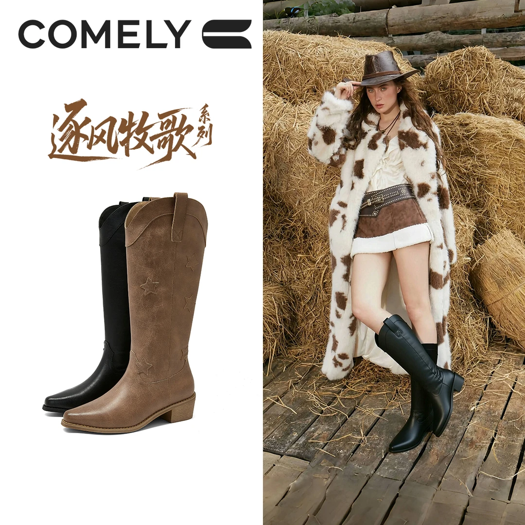 【康莉COMELY】KZQ5A852V口西部牛仔靴复古长筒靴粗跟尖头显瘦骑士