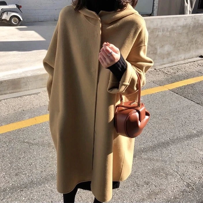 连帽斗篷款羊毛大衣宽松款双面冬季韩版小个子中长款双面呢大衣女