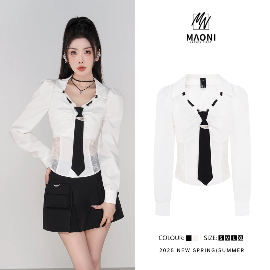 毛妮Peshe【蕾丝拼接衬衫】修身显瘦长袖纯欲带领带2025春季L1233