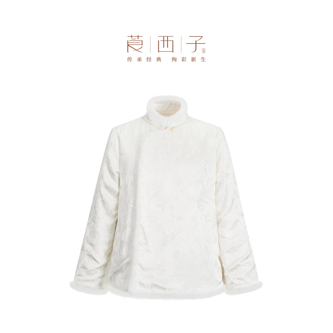 【衫羽】新中式立领改良式斜襟提花保暖毛条包边贵气纯色棉衣秋冬新
