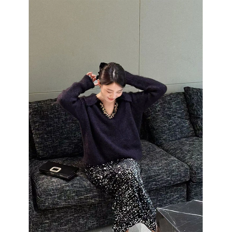 41061清轻奢风宽松V领长袖针织上衣高腰显瘦休闲亮片半身裙