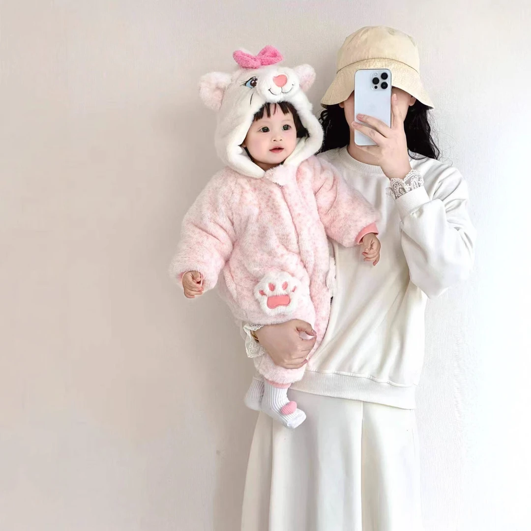 婴儿冬季连体衣加绒加厚外出服新生保暖冬装宝宝超萌可爱棉衣爬服