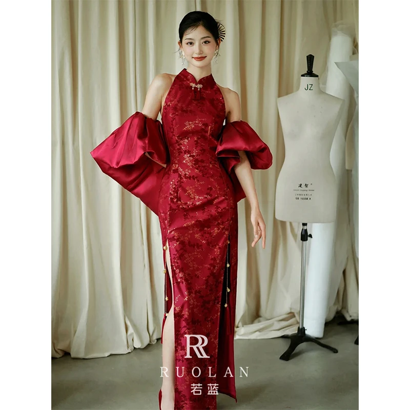 新中式晨袍敬酒服2025新款酒红色新娘订婚结婚旗袍礼服裙女高级感