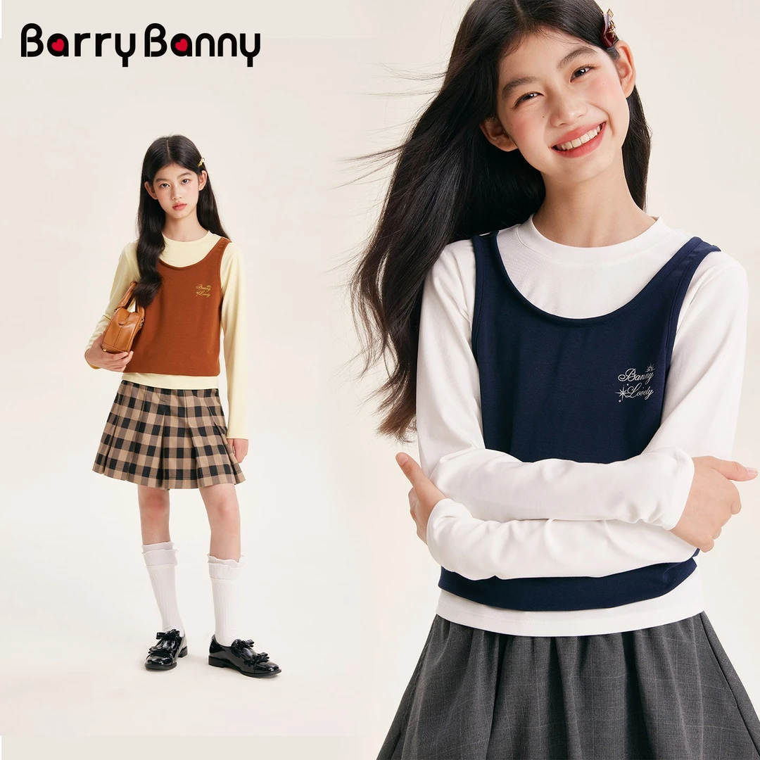 BarryBanny儿童长袖t恤女2025秋季大童女孩假两件洋气上衣打底衫