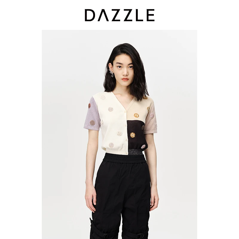 DAZZLE地素女款法式刺绣撞色短袖针织开衫2E2E514