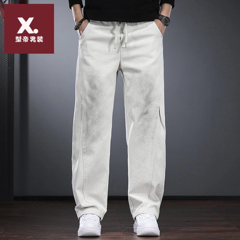 工装休闲裤男2025秋季新款宽松直筒小弯刀裤浅色美式复古阔腿裤潮