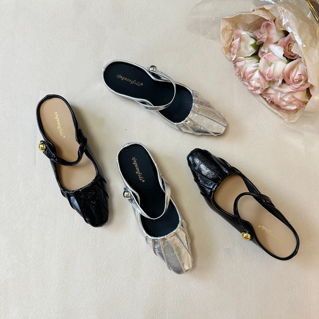 平跟银色玛丽珍半托单鞋仙女鞋子2025春夏季配裙子增高包头半拖鞋