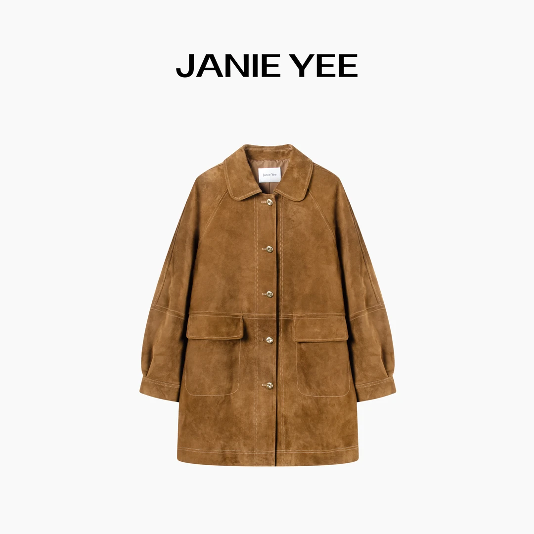 Janie Yee”焦糖巴黎“进口羊皮绒面真皮衣中长款大衣外套 25A3236