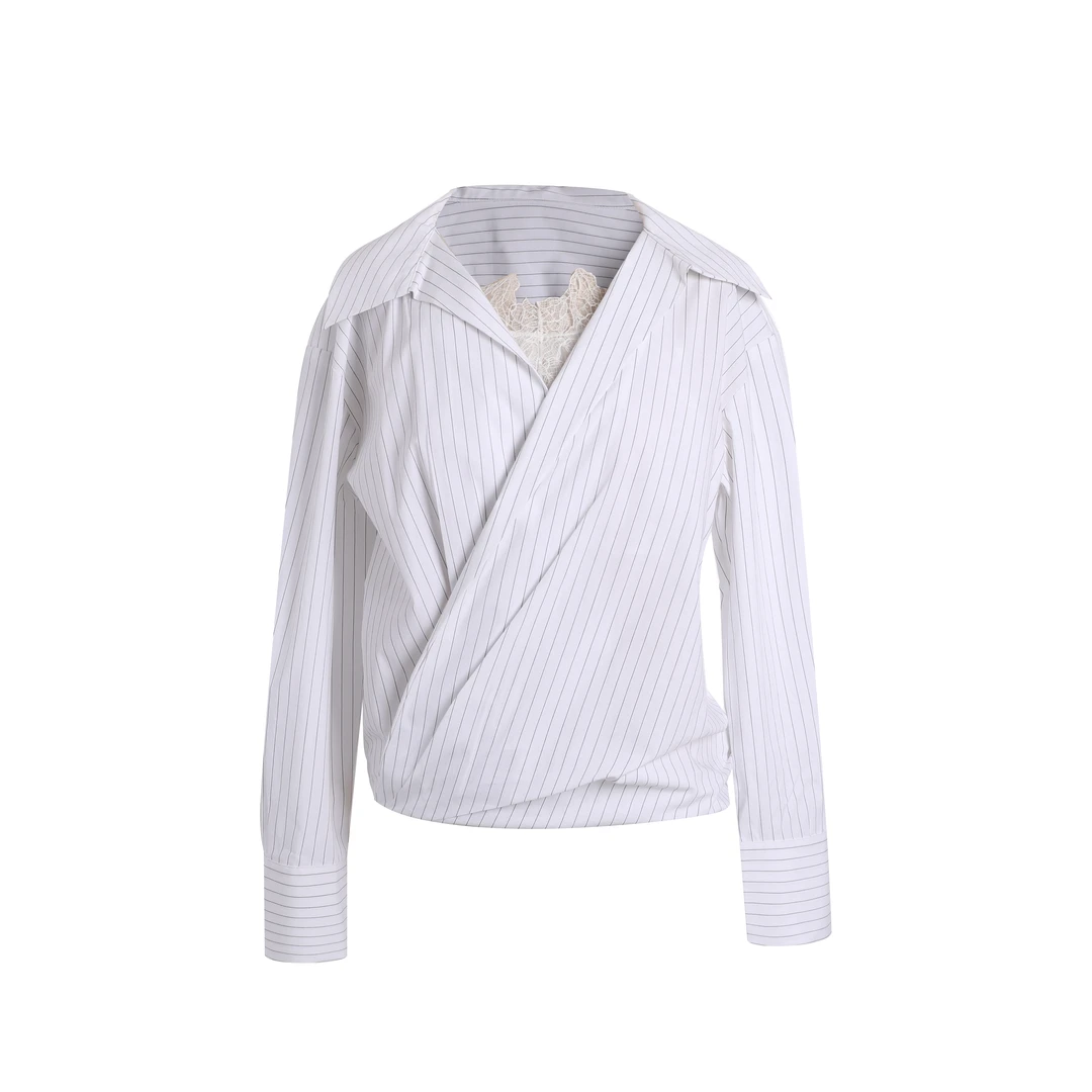 30442 蕾丝拼接条纹长袖衬衫设计感小众极简通勤上衣0216