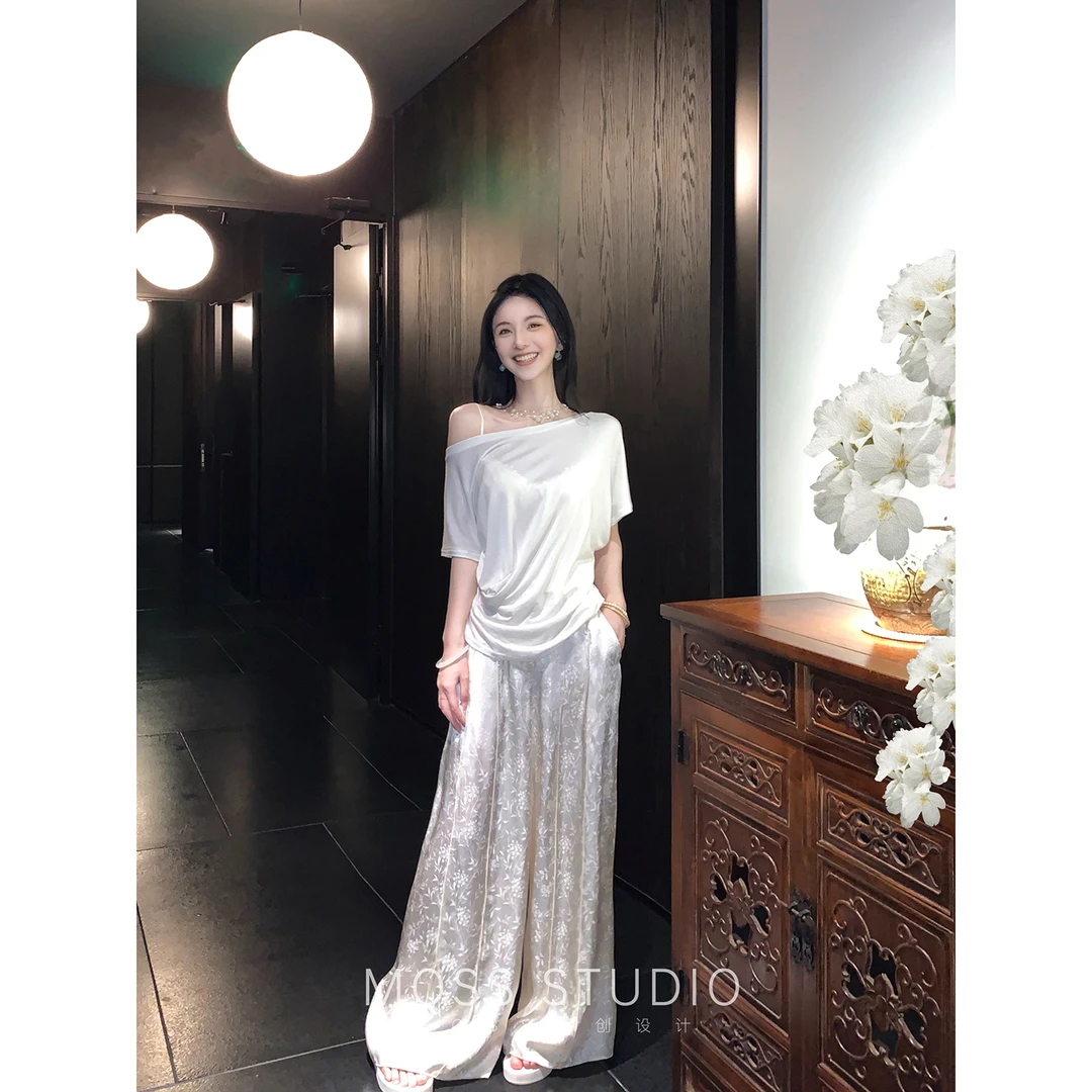 MOSS STUDIO 【吟花笺】新中式分割设计垂感阔腿裤女 MS5DSK12