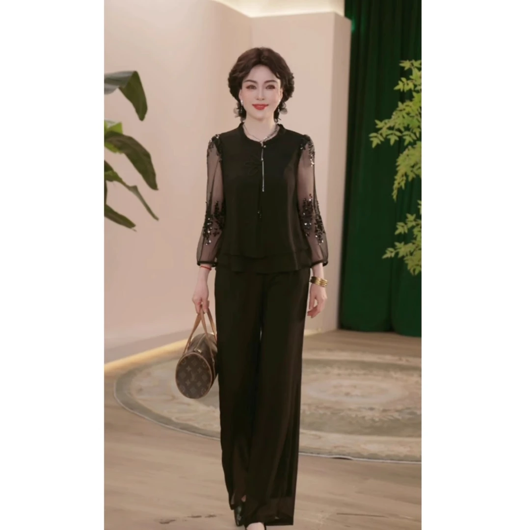 2025新款春夏妈妈装薄款时尚套装高端衬衣女装洋气减龄T恤两件套