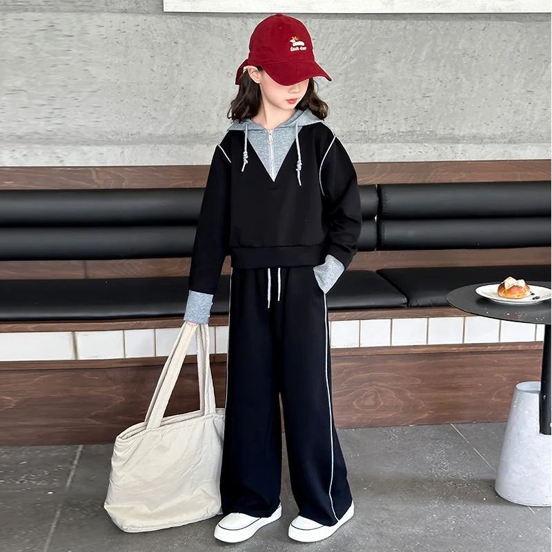 女童秋装休闲套装2025新款韩版洋气女大儿童连帽卫衣阔腿裤两件套