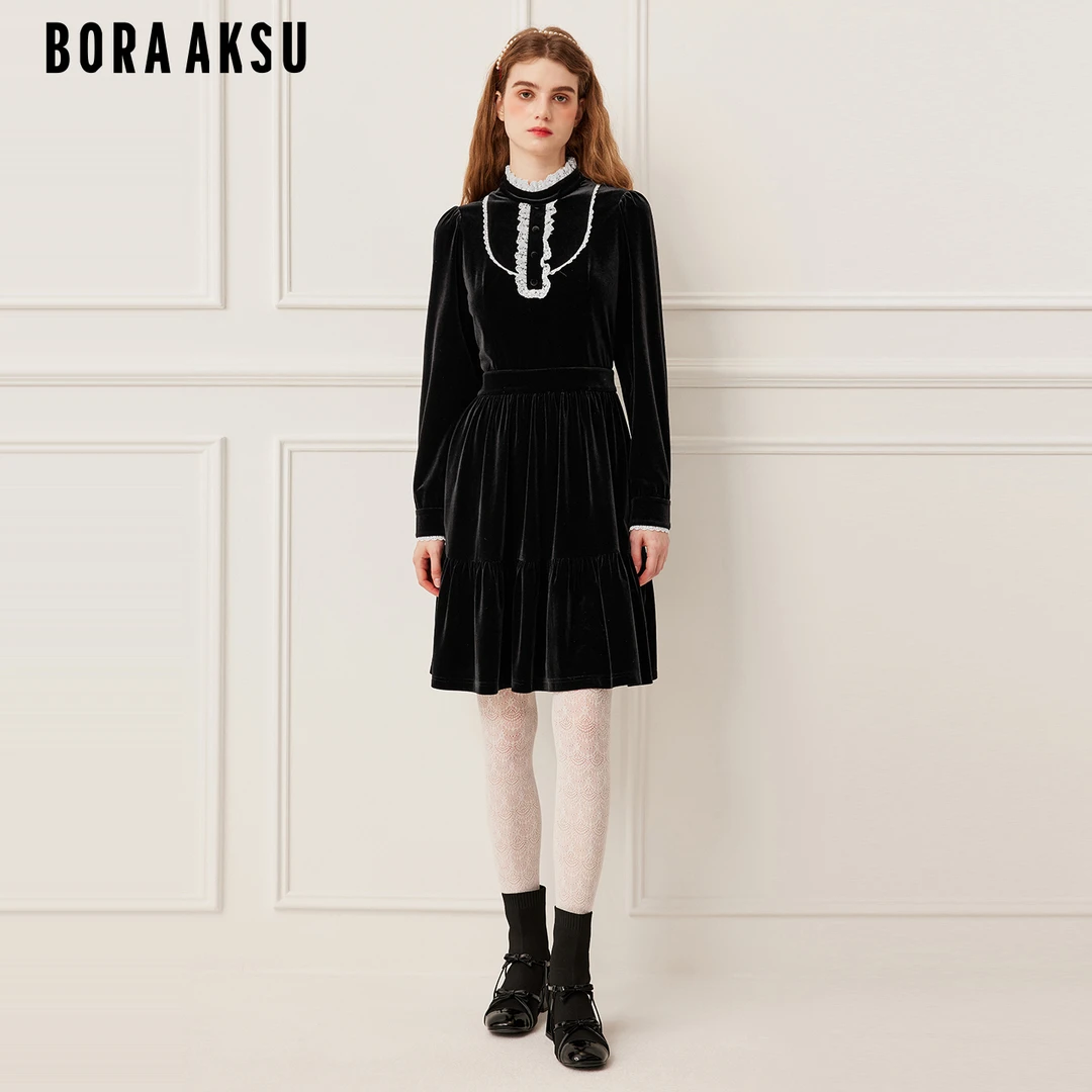 BORAAKSU2025秋季新品宫廷风轻礼服拼色立领丝绒连衣裙B1FGW62520