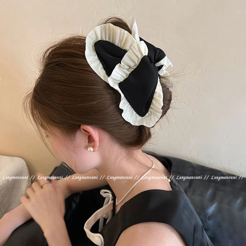 新款高级感清新甜美气质女抓夹大号白色边盘发混材质手工头饰