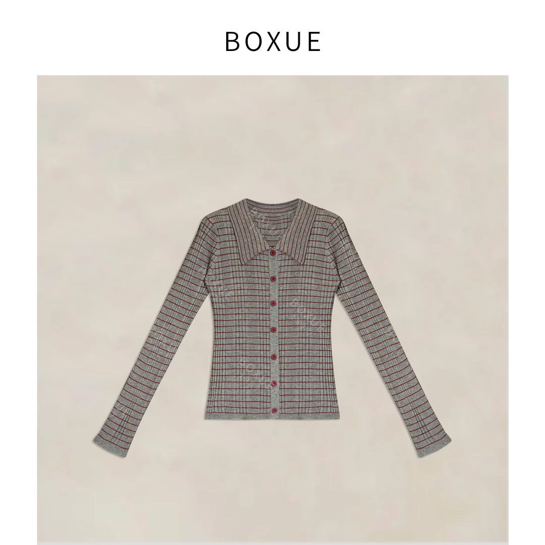 BOXUE“雨绯”2025秋冬翻领羊.毛条纹褶皱轻奢 外套#251119W6778