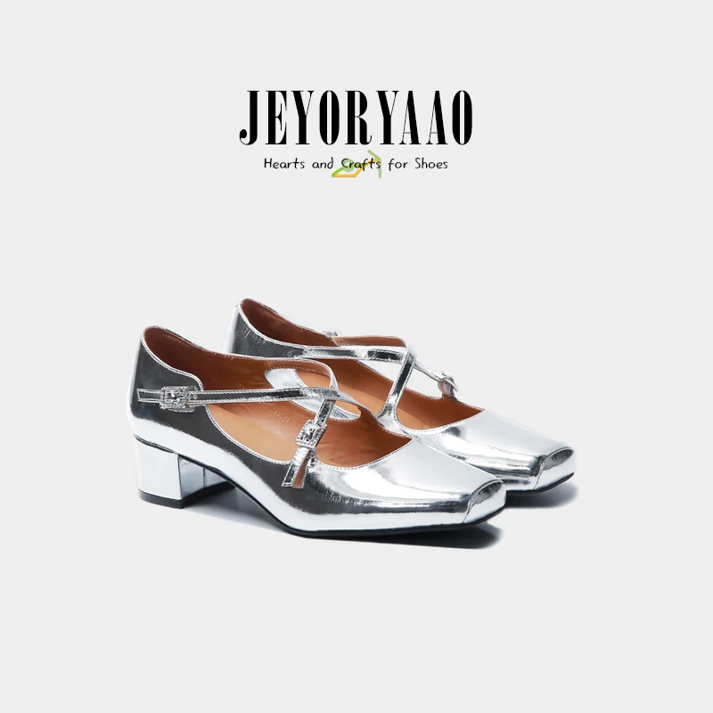 JEYORYAAO 法式复古玛丽珍鞋粗跟方头鼻子鞋方头交叉带单鞋银色女