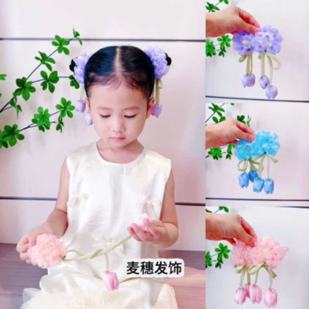 女童郁金香纱发圈2025高弹力发圈清爽丸子头发圈