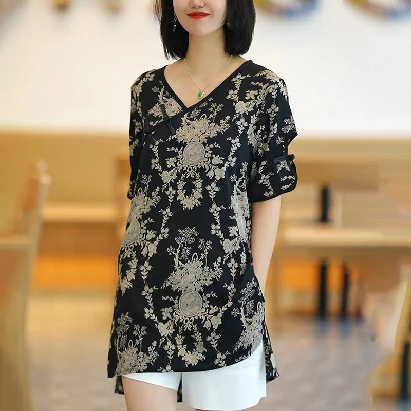 国风盘扣碎花衬衫女2025夏季新款时尚显瘦减龄不规则印花短袖上衣
