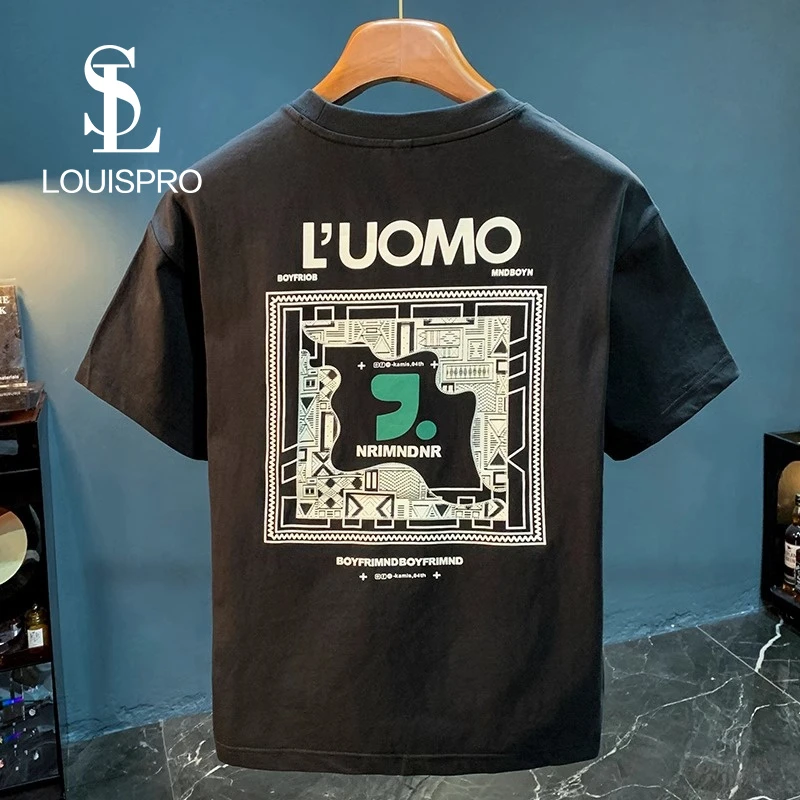 Louispro高端男士短袖T恤2025年薄款黑色体恤衫夏季新款印花半袖