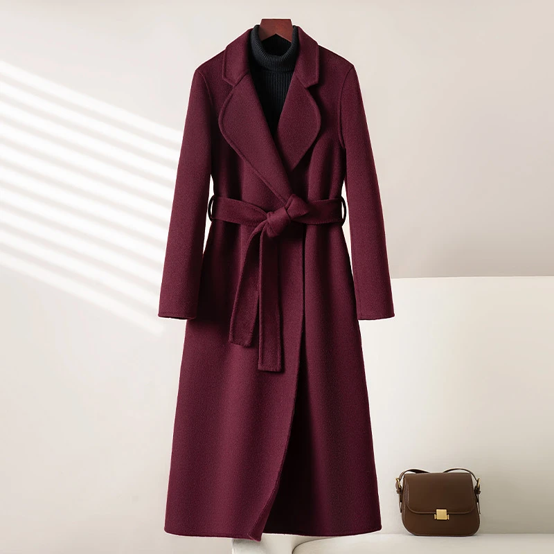 拉菲红双面羊绒大衣女长款过膝2025新款修身显瘦西装领羊毛呢外套