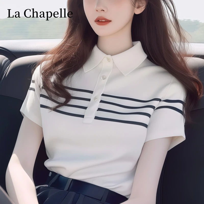 拉夏贝尔夏季时尚百搭别致甜辣妹polo领设计感小众条纹短袖t恤女
