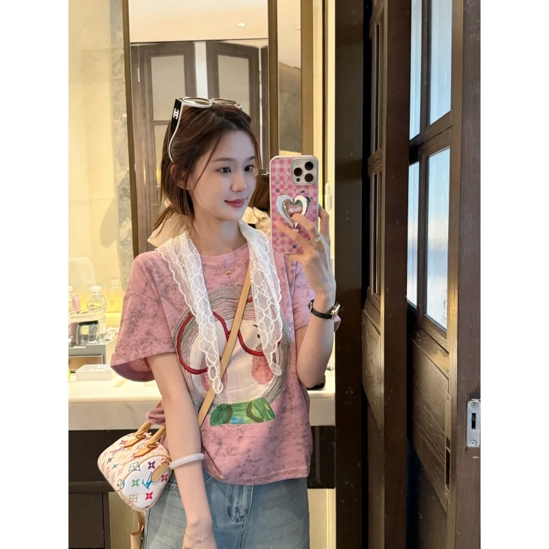 【红色大眼镜女孩】春夏韩版时尚百搭粉可爱风印花T恤-DX2025121