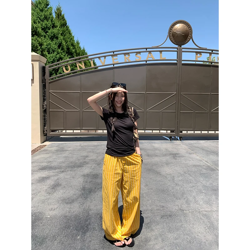 王少女的店 黄色显瘦条纹休闲裤夏季时尚百搭长裤子 K34945S52