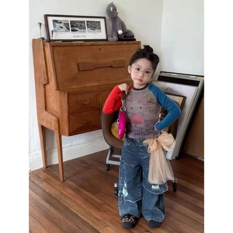 女童新款韩版卡通休闲圆领长袖2025秋款多巴胺上衣时髦牛仔裤套装