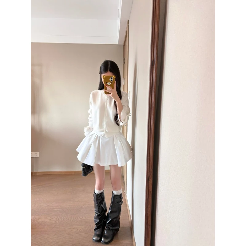 法式时尚小众拼接长袖蝴蝶结开衫上衣女秋季显瘦高腰半身裙a字裙