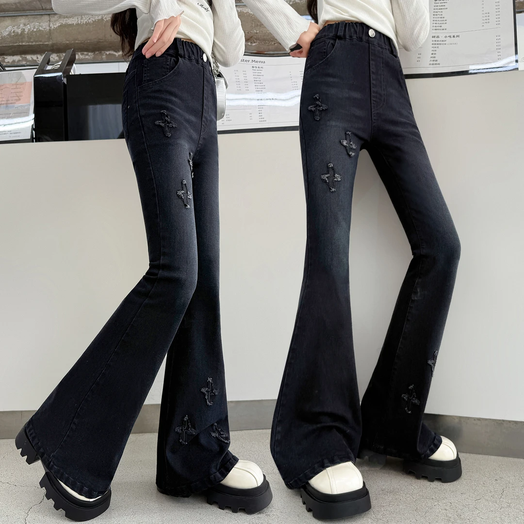 女童裤子中大童高腰B类冬季春季牛仔裤微喇叭秋装休闲风韩系弹力