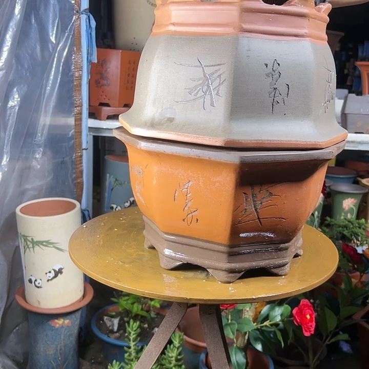 宜兴紫砂花盆花盆35红八方加35灰八方