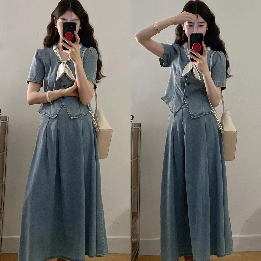 2025大码怀旧恋歌裙子套装夏季新款时尚感复古v领牛仔两件套裙女
