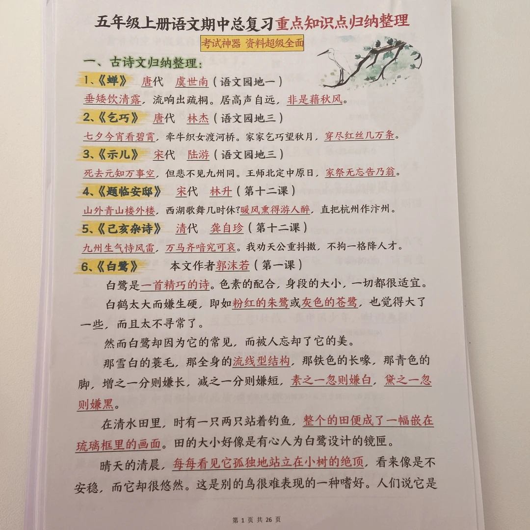 2025年秋新版五年级语文上册期中复习知识点空白+答案