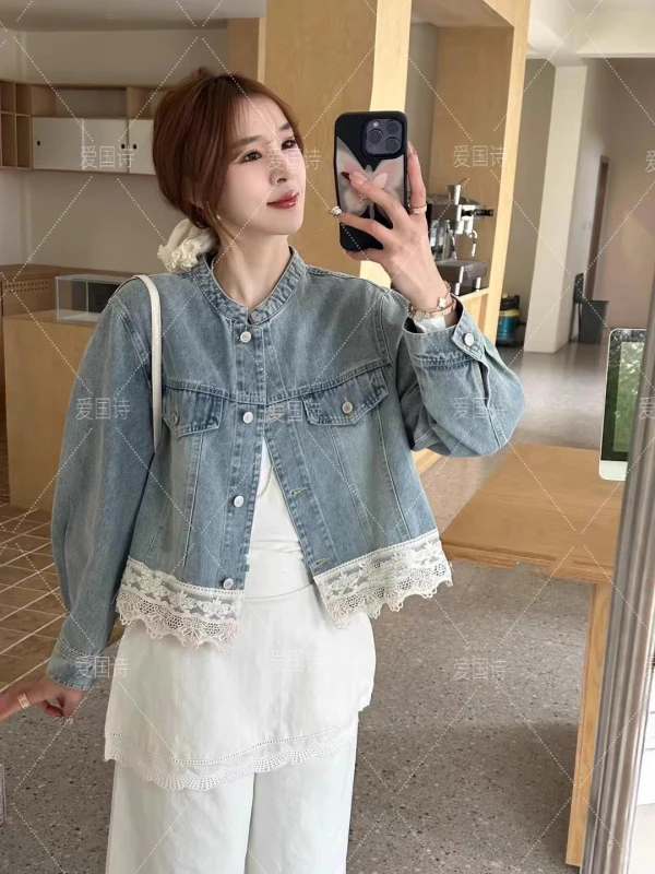 韩系蕾丝花边拼接做旧牛仔外套女2025秋季新款休闲短款上衣2036#