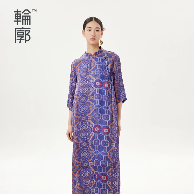 轮廓复古连衣裙设计师坎原创优雅印花女裙宽松通勤长裙L232Y031