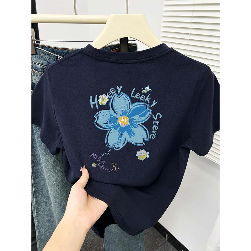 洋气前后印花短袖t恤女夏2025新款圆领大码女装正肩显瘦半袖上衣