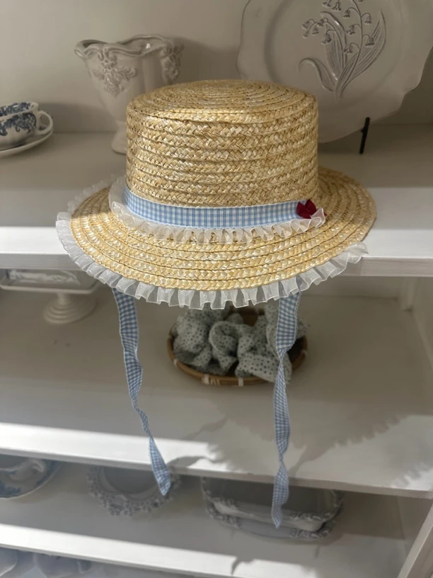 子田推荐-儿童蓝色条纹红色蝴蝶结草帽