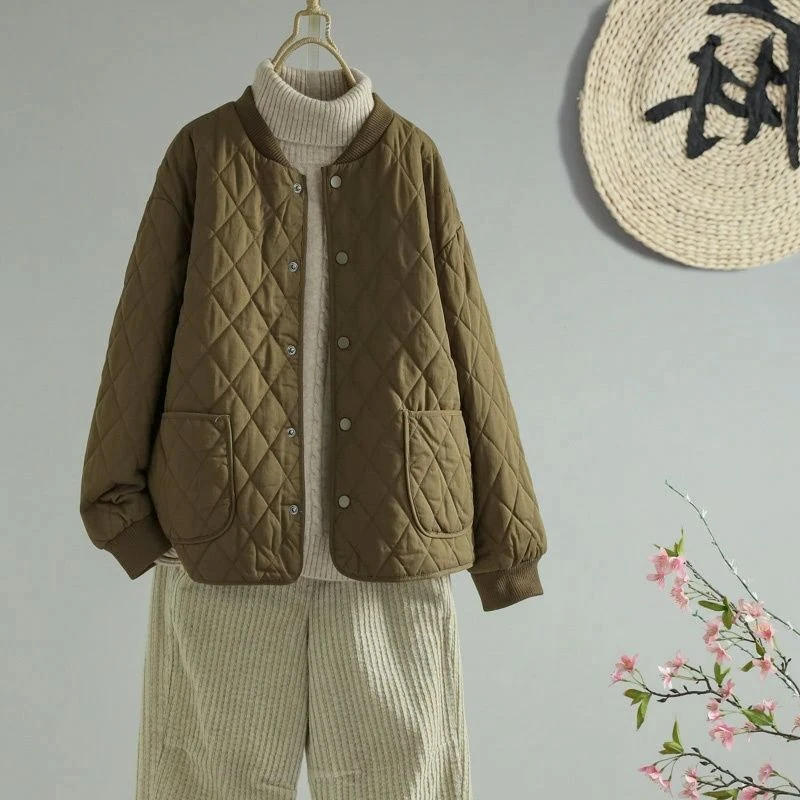 爆款夹棉外套女2025菱格冬季新款短款宽松时尚纯色轻薄款棉服棉衣