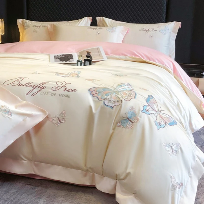 轻奢高级感160支纯棉四件套全棉蝴蝶刺绣被套柔软床单1.8床上用品