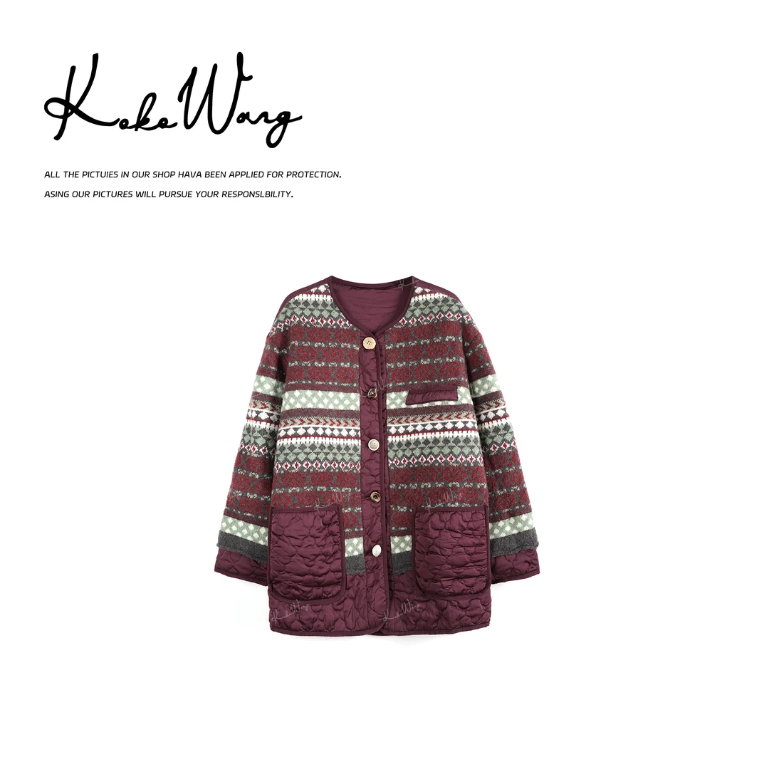 KOKO WANG秋冬高级感复古花拼接时尚显瘦保暖棉服外套X0015K22W03