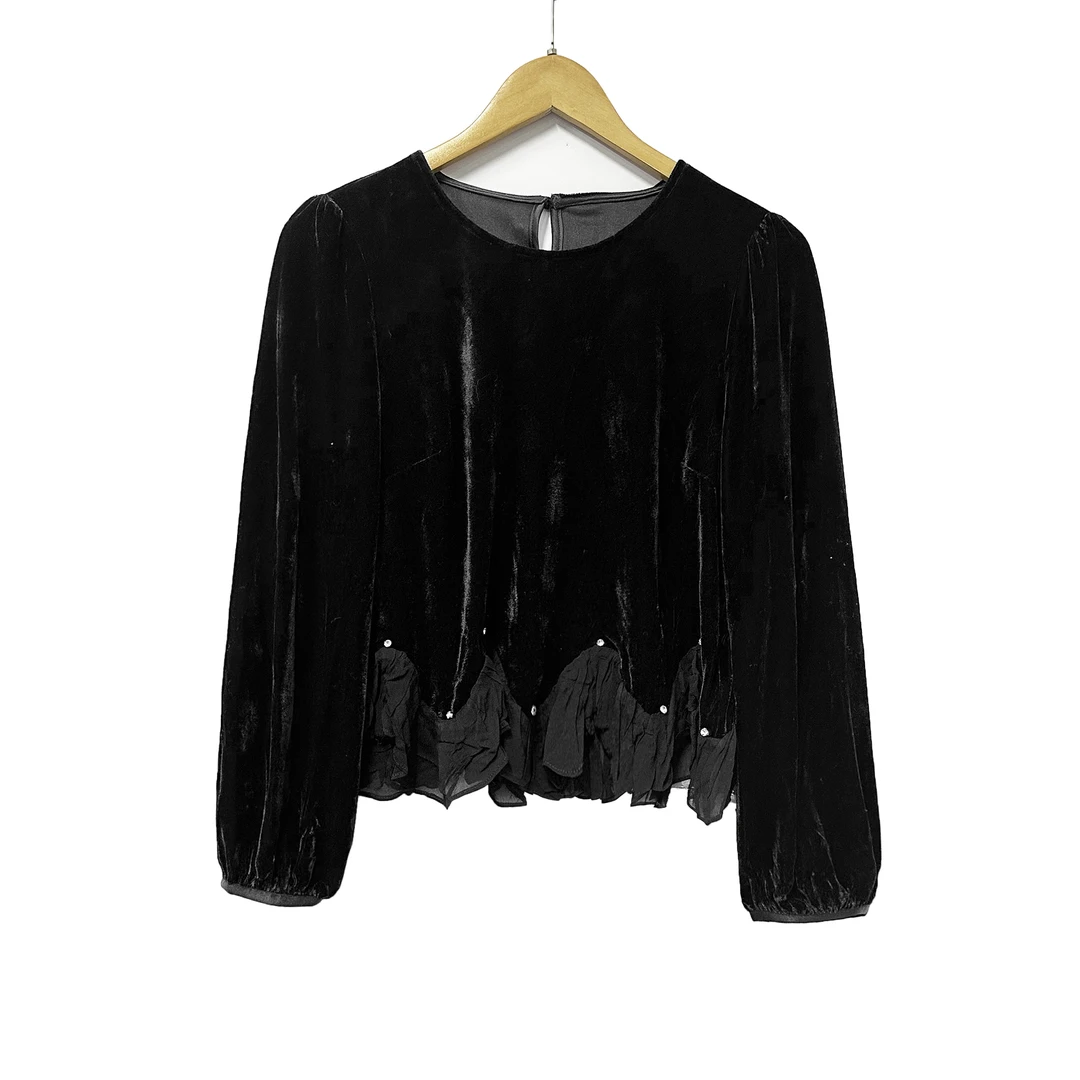 ！女士圆领设计感荷叶边拼接丝绒减龄小衫E540