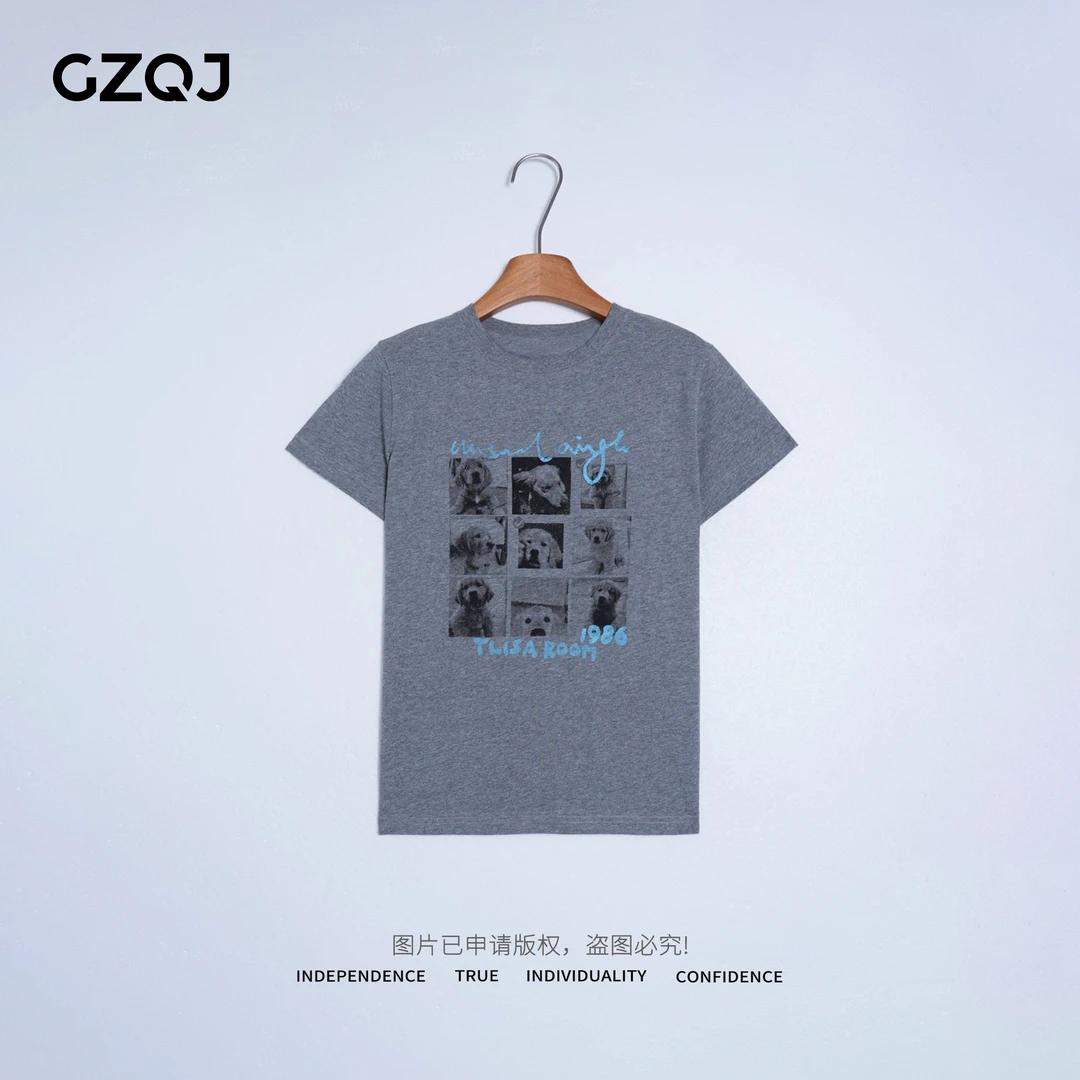 广州琴姐【拼图修狗】欧若风小狗印花纯棉圆领短袖T恤女士夏季61455